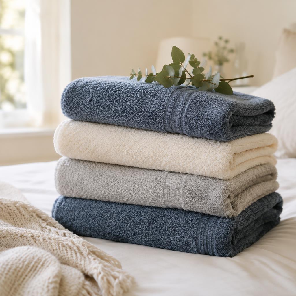 Neatly folded fresh towels with a sprig of eucalyptus